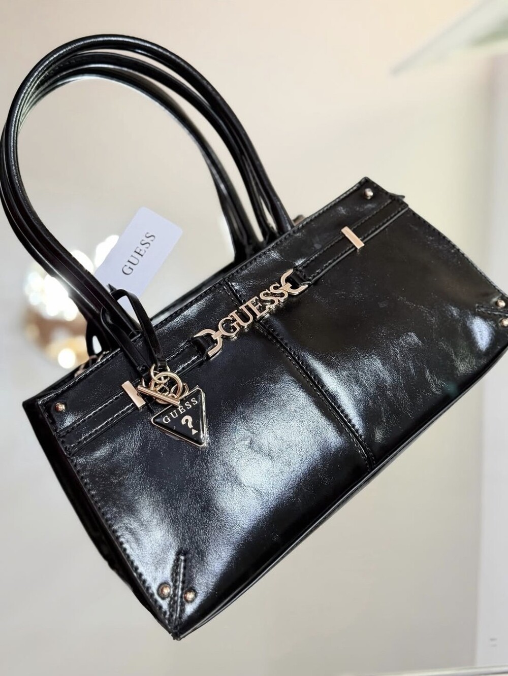 GUESS Black Patent Satchel with Gold Logo and Charm